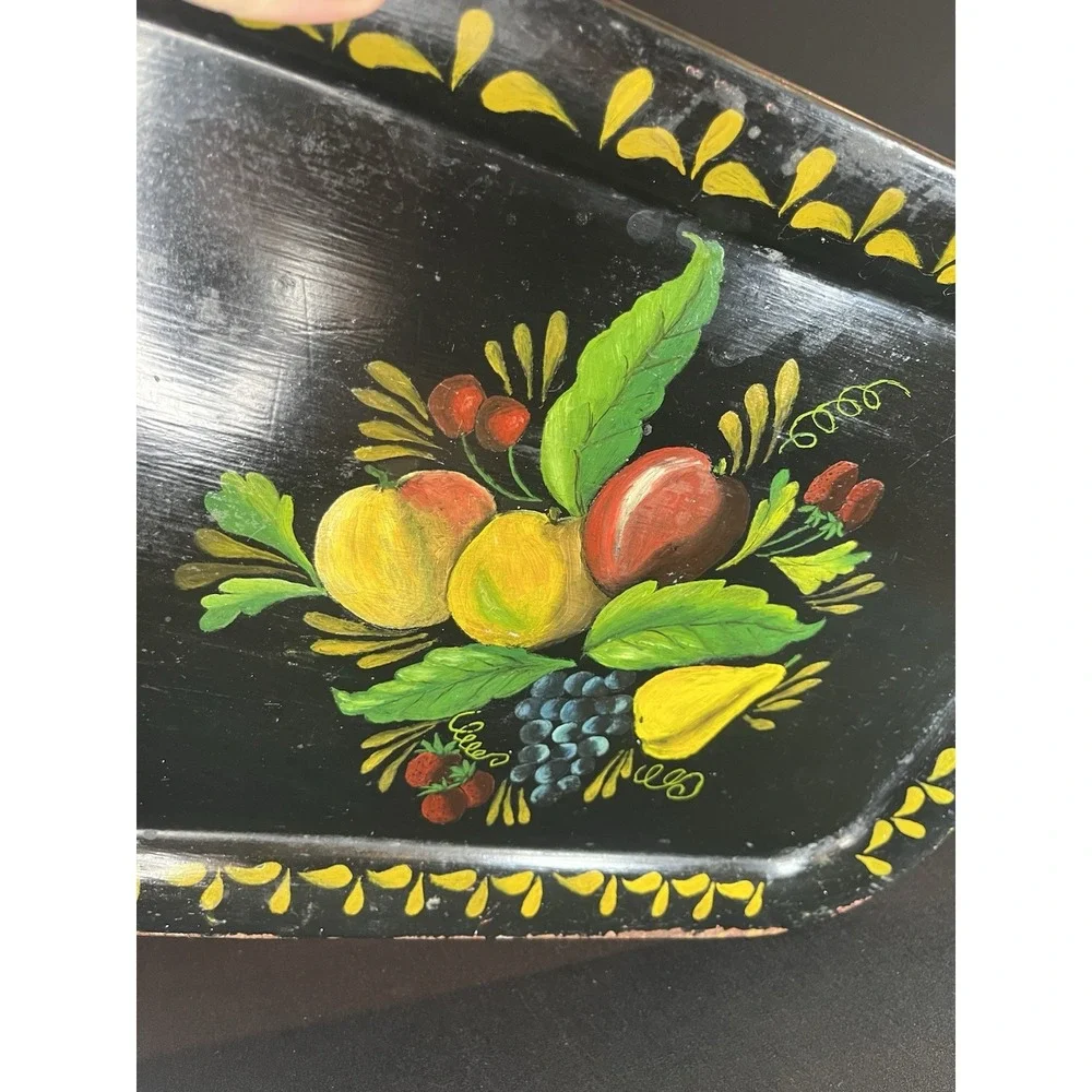 Vintage Black Hand Painted Fruit‎ Metal Tray, 17.25x12.25